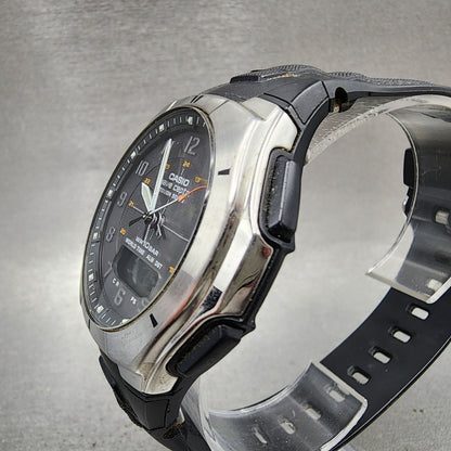 Casio Wave Ceptor Watch Men 42mm Black Dial Silver Tone Analog Digital Solar AB12