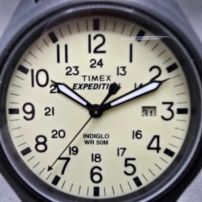 Timex Expedition Scout Watch Men 40mm Cream Dial Black Tone Date Round New BattP1