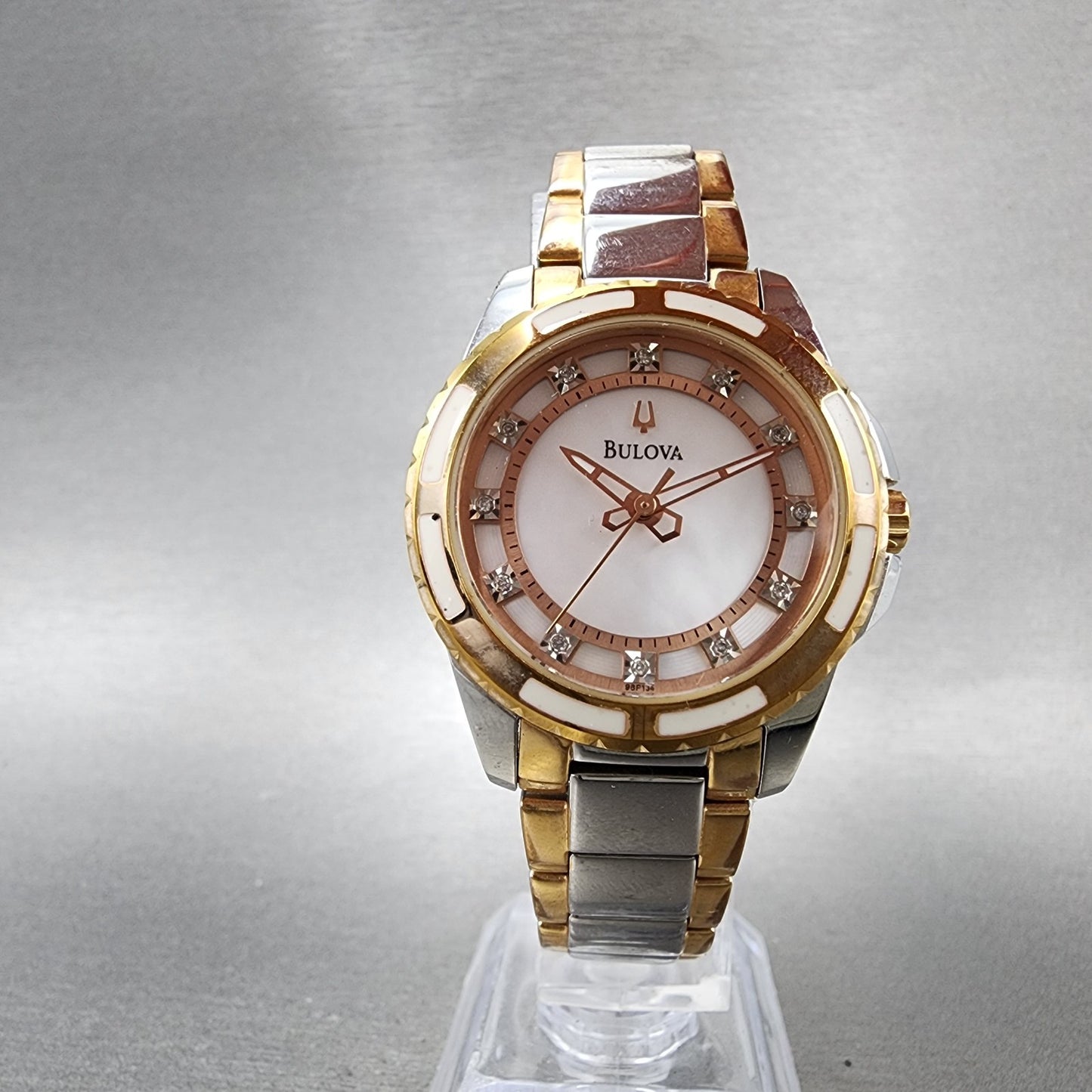 Bulova Diamond Watch Women 32mm MOP Dial Two Tone Round 98P134 New Battery5