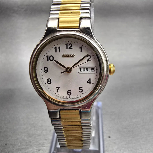 Seiko Watch Women 24mm White Dial Two Tone Daydate Round 7N83-0131 New Battery0