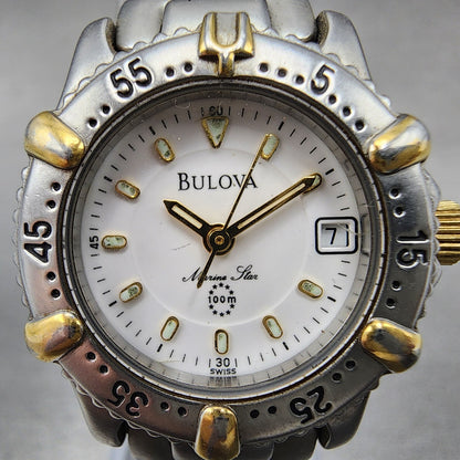 Bulova Marine Star Watch Women 25mm White Dial Two Tone Date TF705L New Battery1