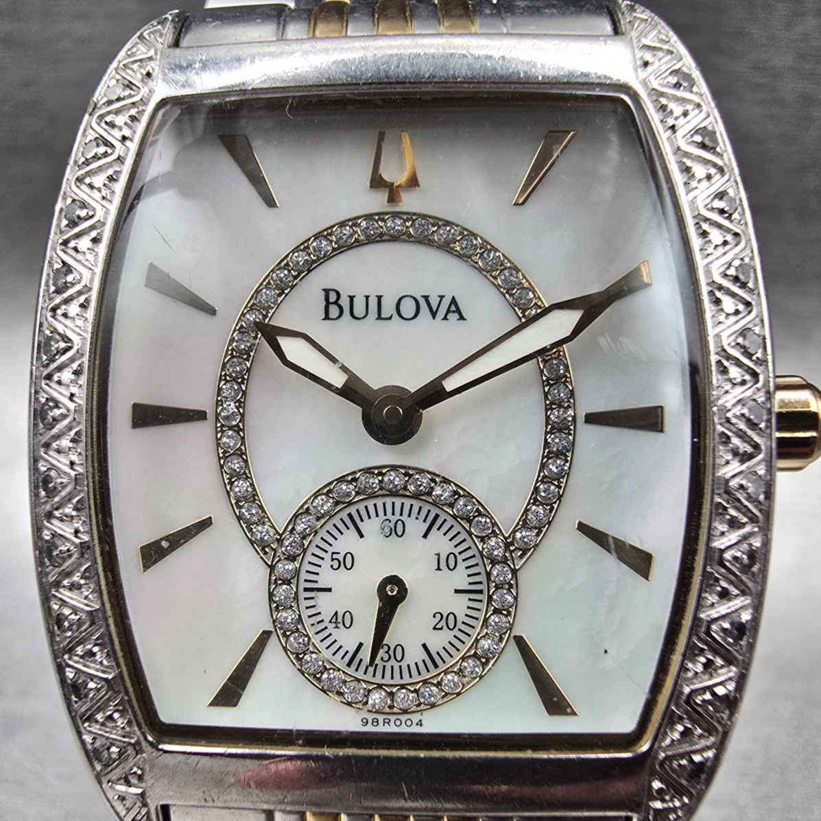 Bulova Watch Women 30mm MOP Dial Two Tone Diamonds Tonneau 98R004 New Battery1