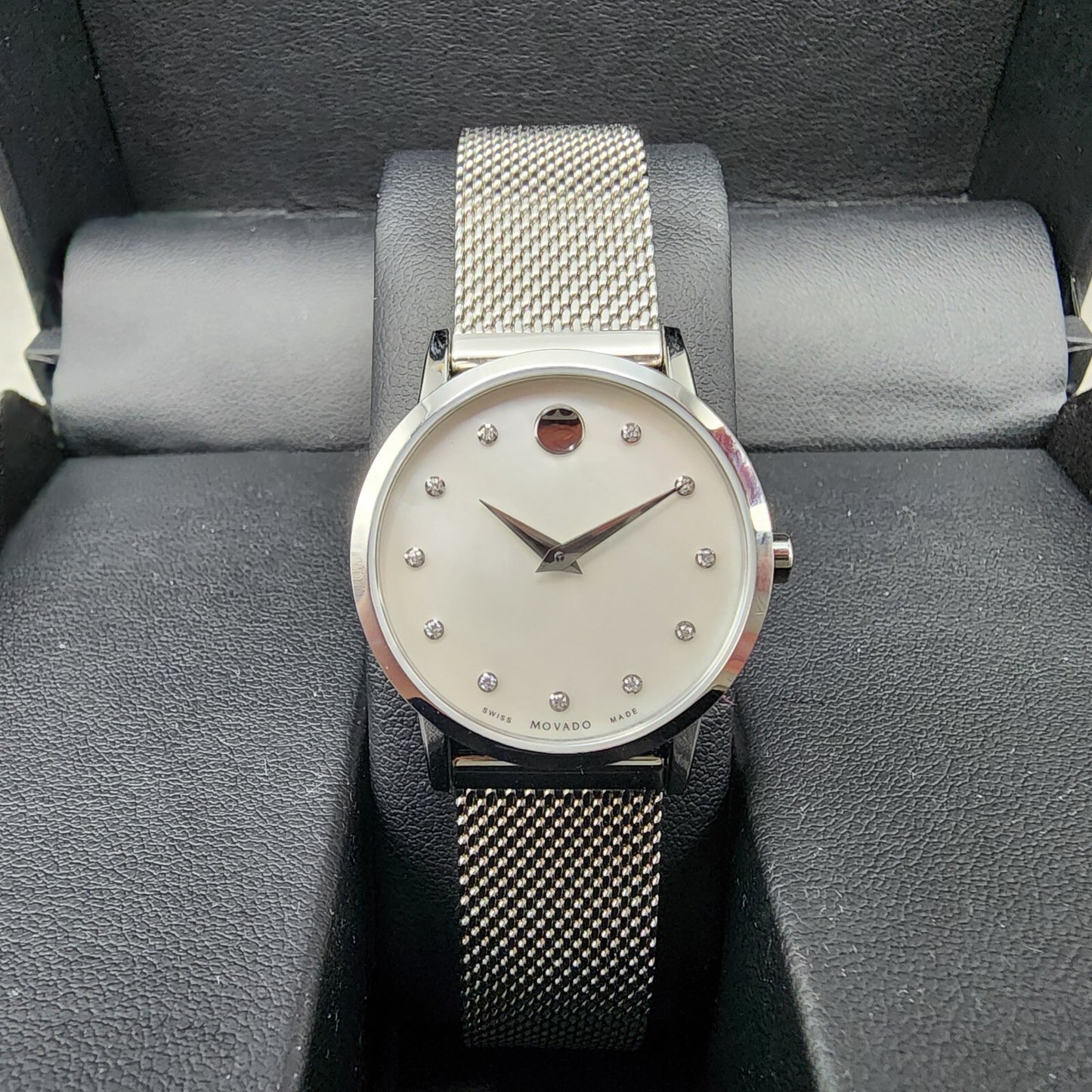 Movado Museum Watch Women 28mm MOP Dial Stainless Steel Diamond Markers New Bat0