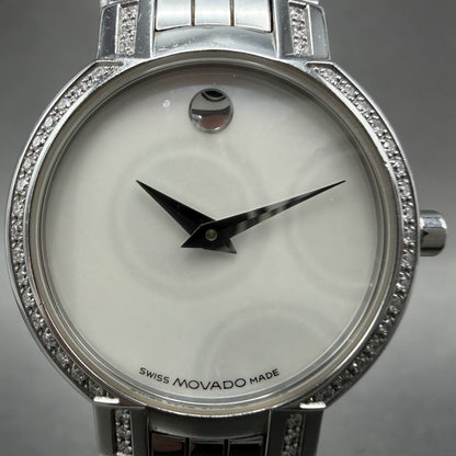Movado Faceto Watch Women 25mm MOP Dial Steel Diamonds Round 0605146 New Battery1