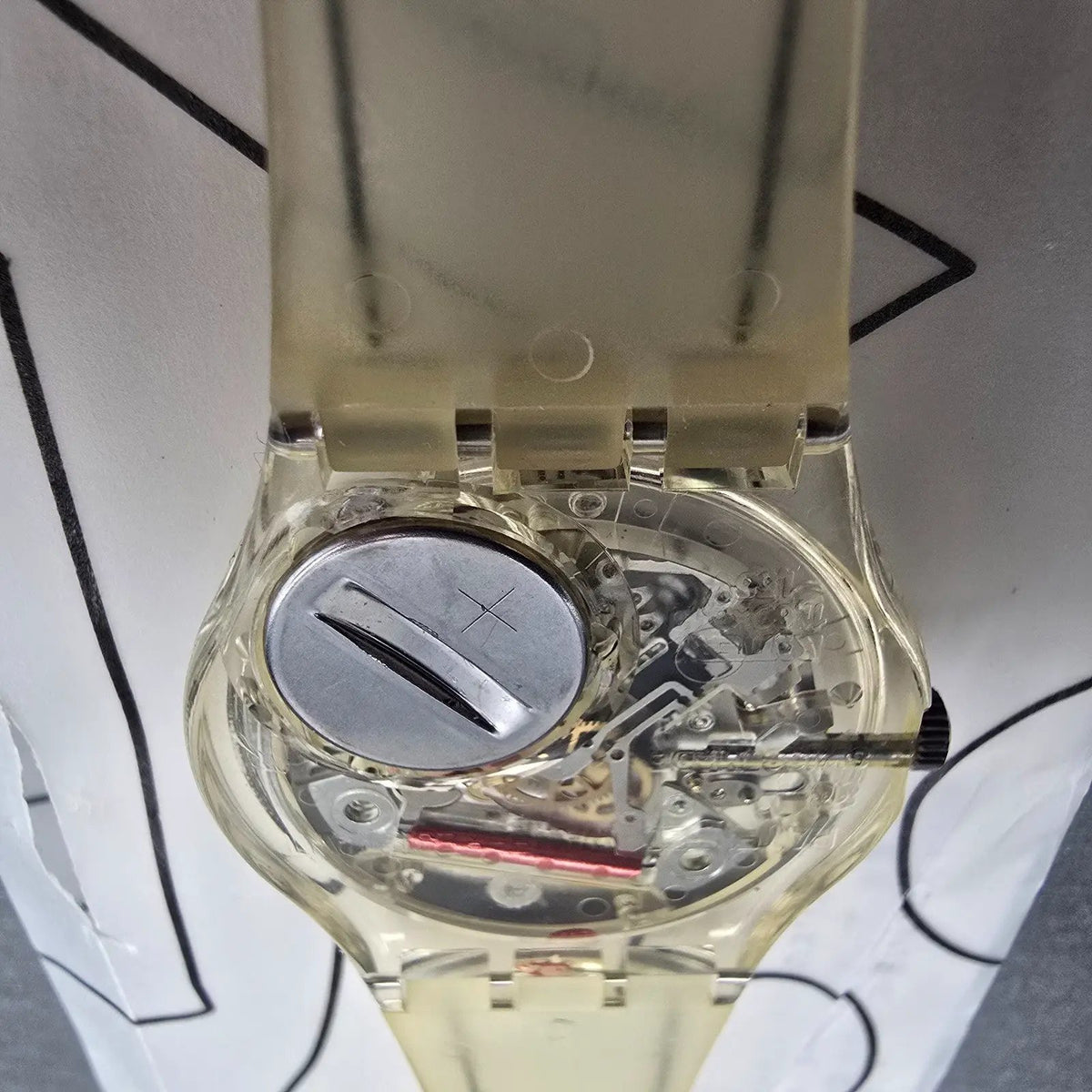 Swatch Scribble Watch Men 34mm Skeleton Dial Clear Case GZ124 New Battery NOS13