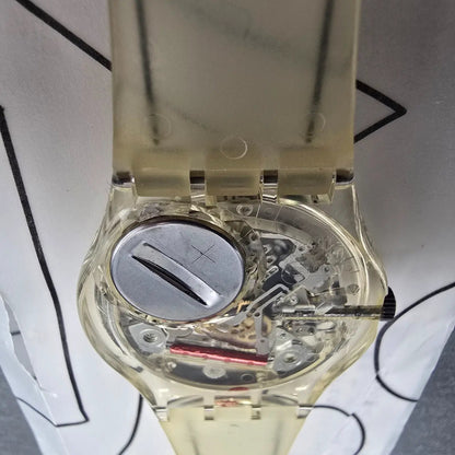 Swatch Scribble Watch Men 34mm Skeleton Dial Clear Case GZ124 New Battery NOS13