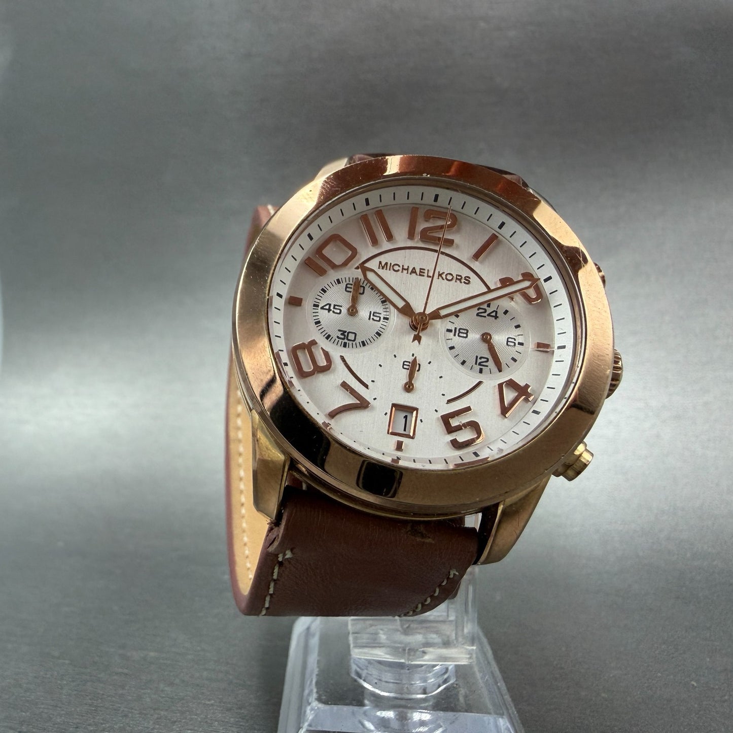Michael Kors Mercer Watch 42mm Women Silver Dial Rose Gold Chrono New Battery6
