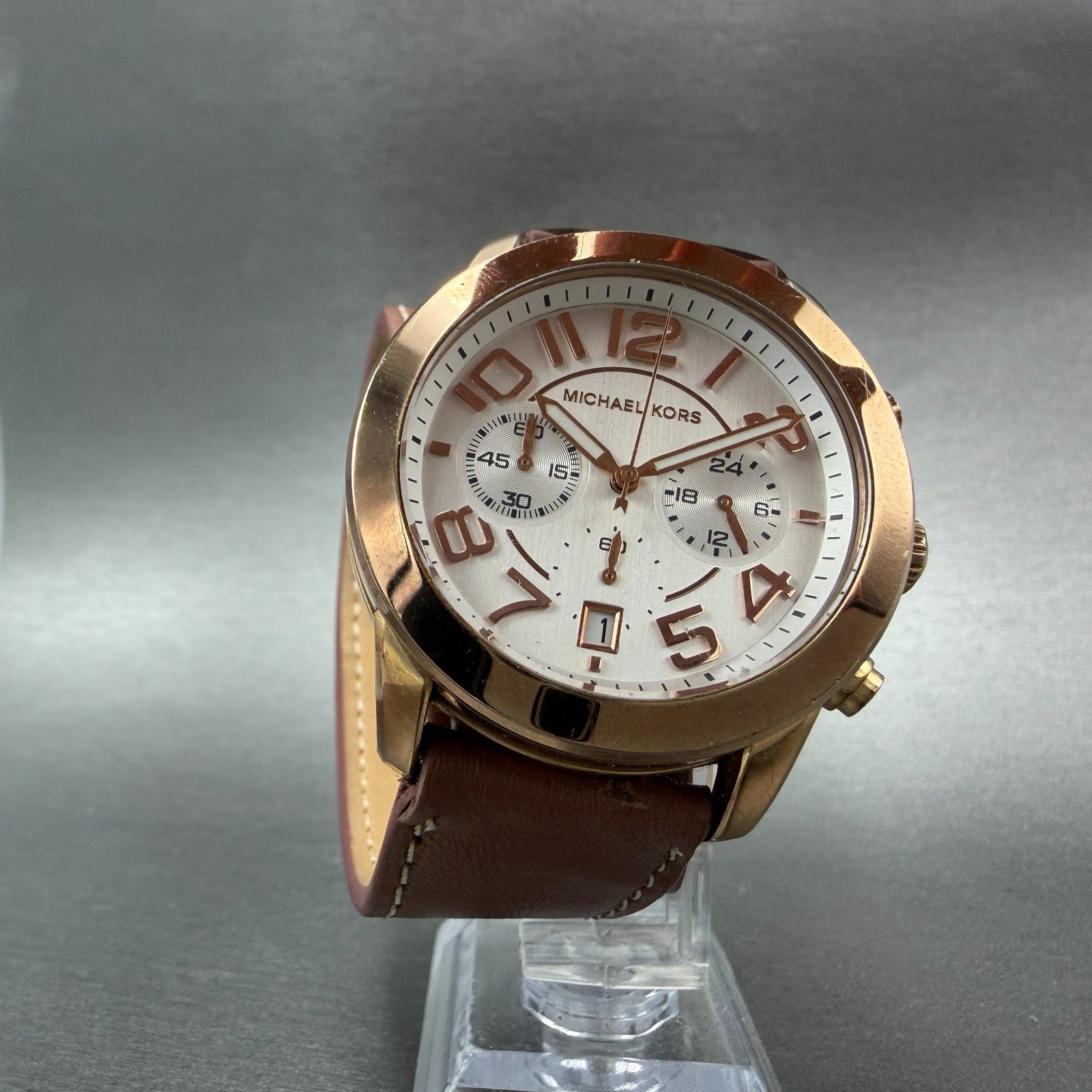 Michael Kors Mercer Watch 42mm Women Silver Dial Rose Gold Chrono New Battery6