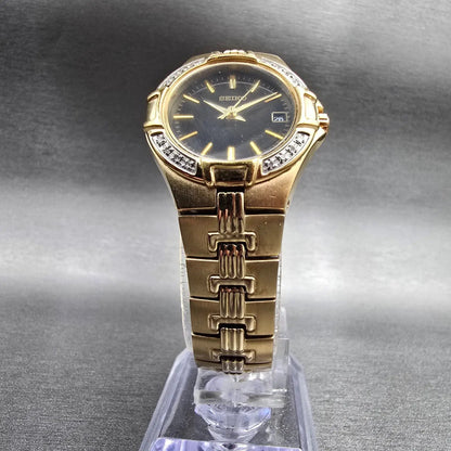 Seiko Watch Women 25mm Black Dial Gold Tone Date Diamonds 7N82-0DT0 New Battery5