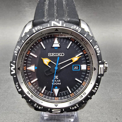 Seiko Prospex Watch Men 47mm Black Dial Steel Date Solar SNE423 Compass Runs0