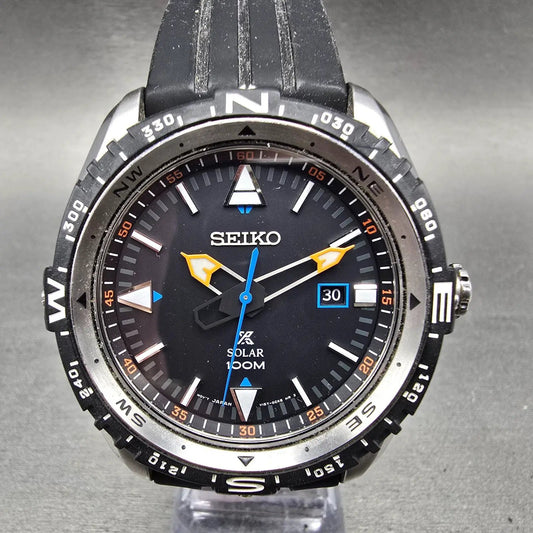 Seiko Prospex Watch Men 47mm Black Dial Steel Date Solar SNE423 Compass Runs0