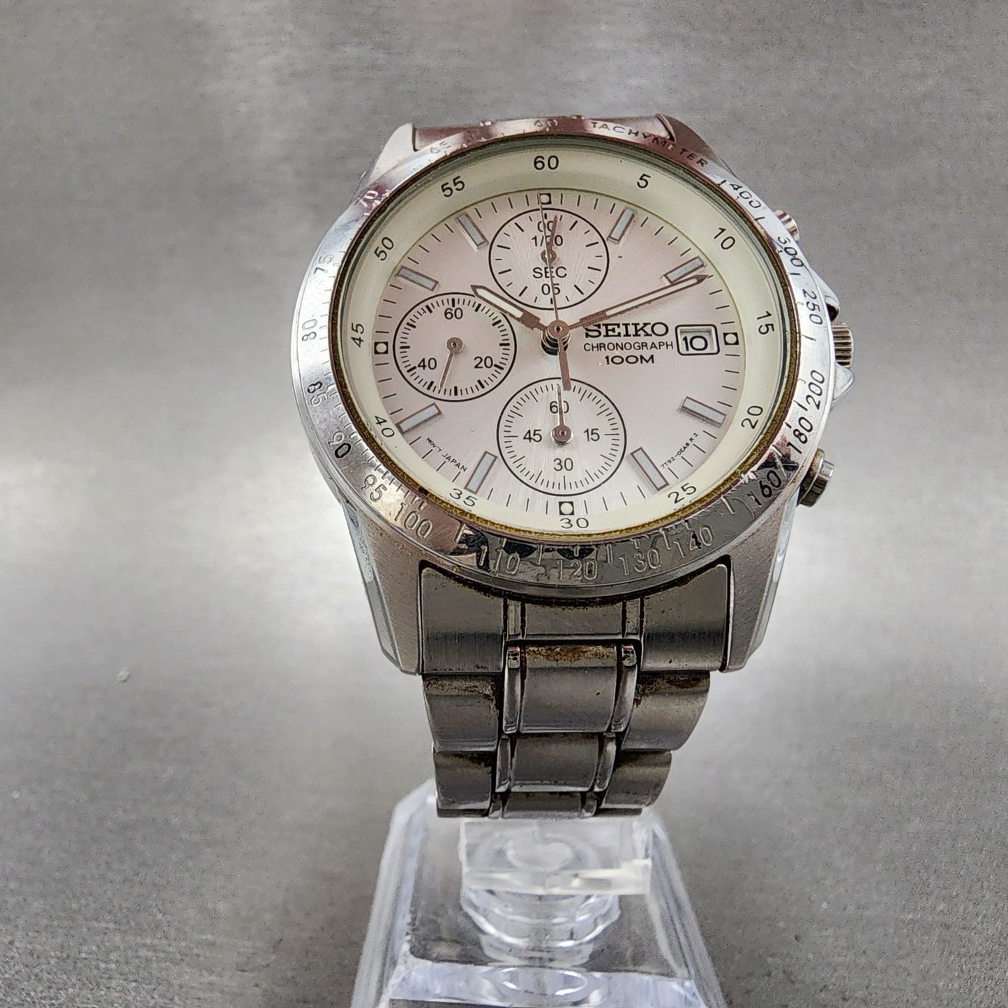 Seiko Chronograph Watch Men 39mm White Dial Silver Tone Date 7t920dw0 New Batt5