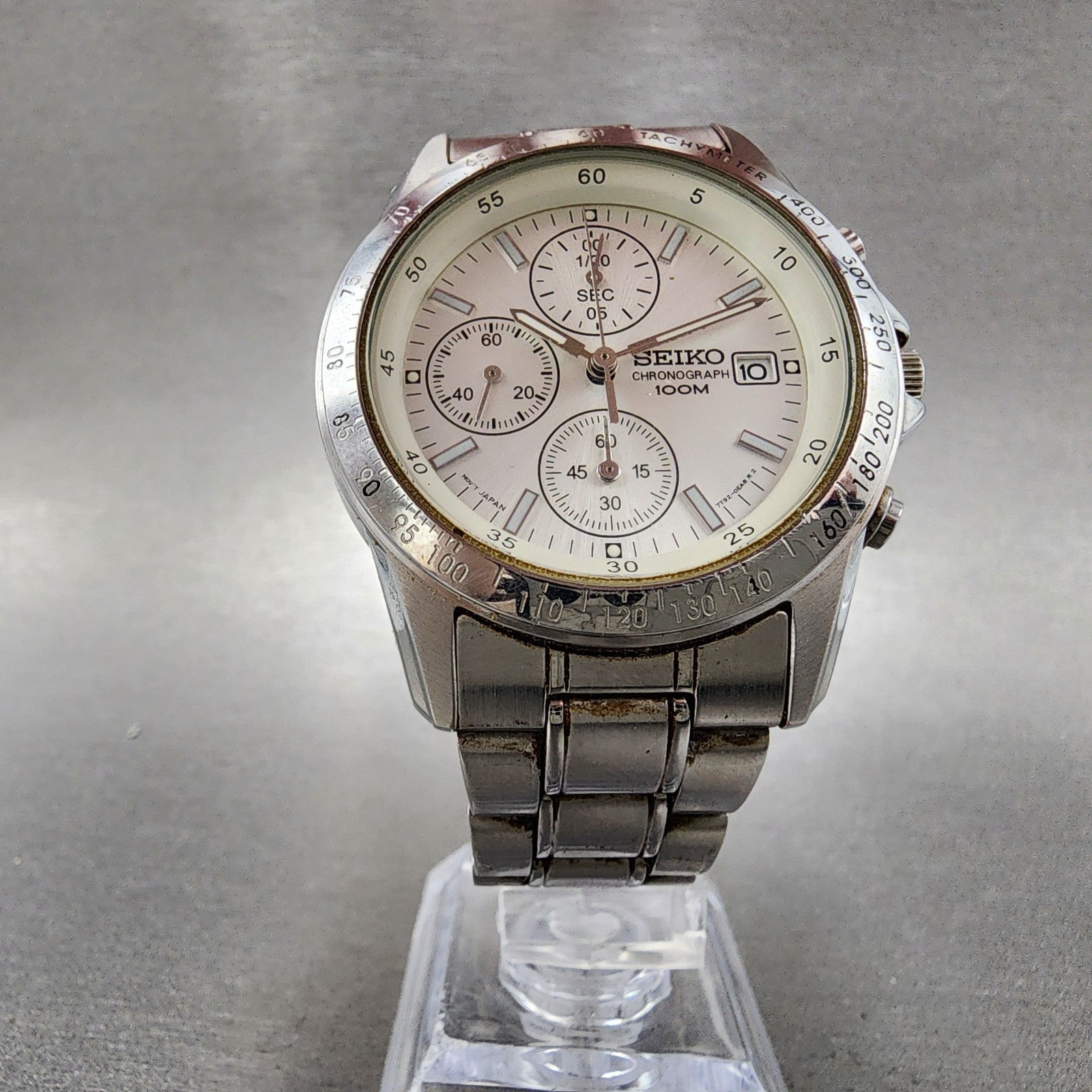 Seiko Chronograph Watch Men 39mm White Dial Silver Tone Date 7t920dw0 New Batt5