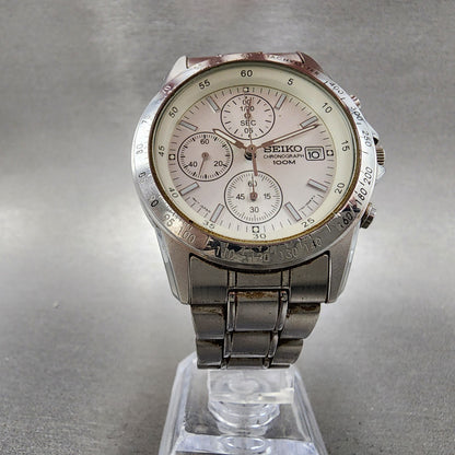 Seiko Chronograph Watch Men 39mm White Dial Silver Tone Date 7t920dw0 New Batt5