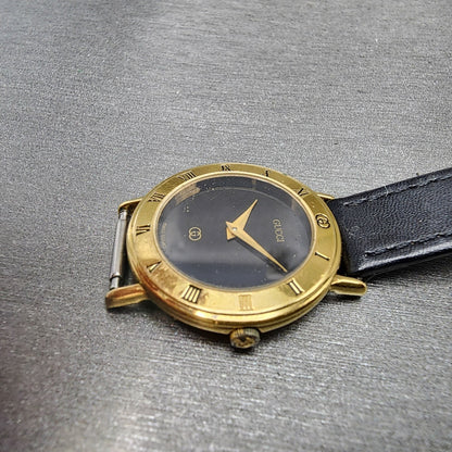 Gucci 3000L Watch Women 26mm Black Dial Gold Plated Round New Battery Vintage3