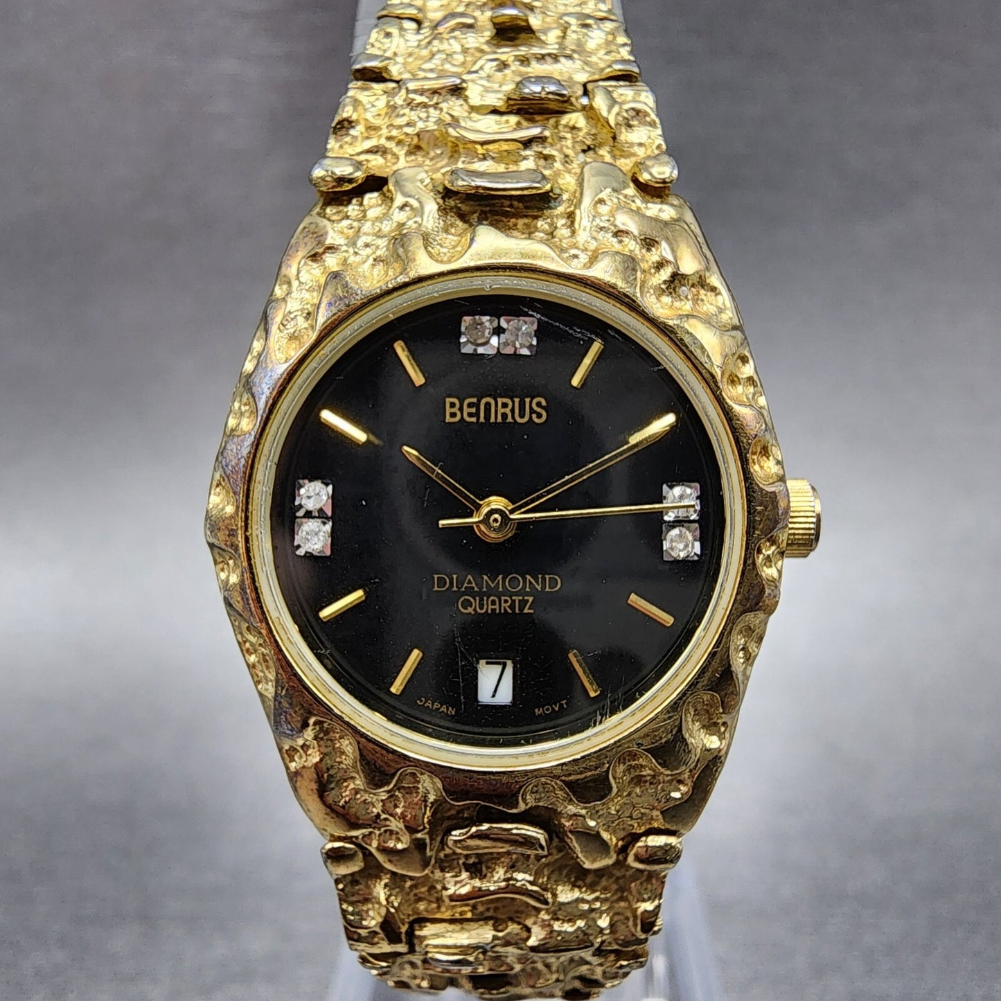 Benrus Gold Nugget Watch Women 25mm Black Dial Gold Tone Date Round New Battery0