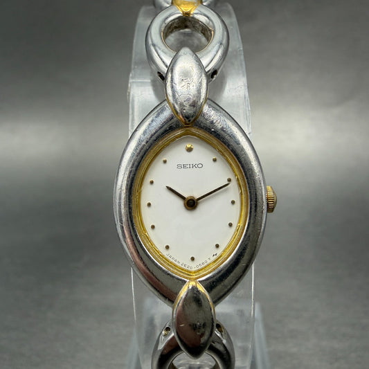 Seiko Watch Women 17mm White Dal Two Tone Oval 2E20-5450 New Battery Vintage0