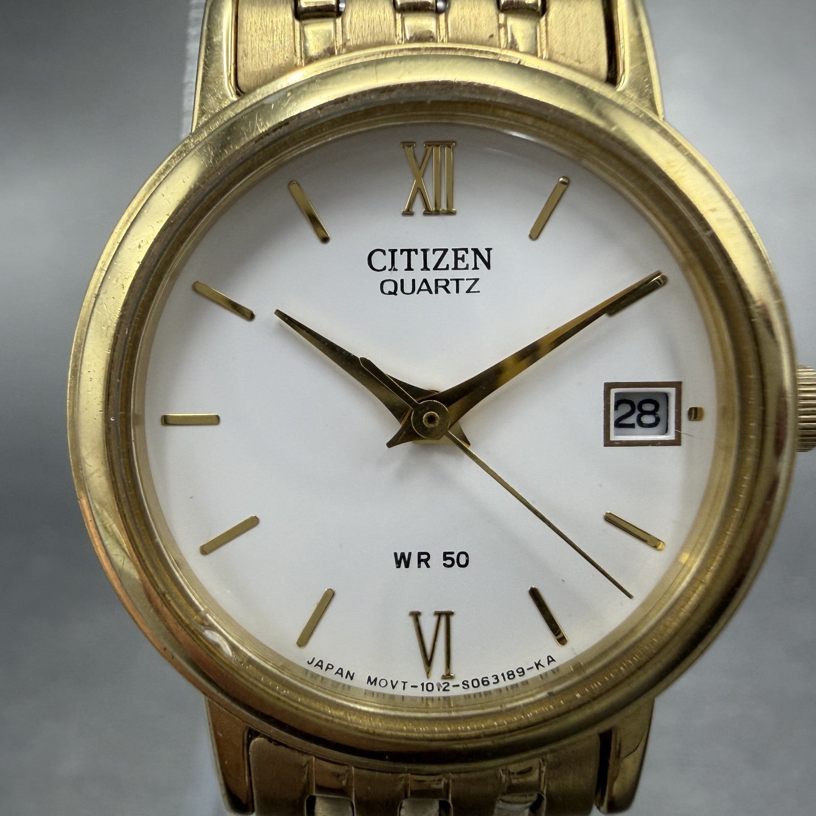 Citizen Watch Women 23mm White Dial Gold Tone Date Round 1012-S038561 New Batt1