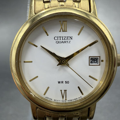 Citizen Watch Women 23mm White Dial Gold Tone Date Round 1012-S038561 New Batt1