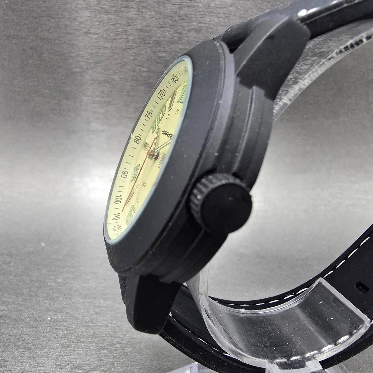 Humvee Watch Men 43mm Cream Dial Black Daydate Round HF19New Battery2