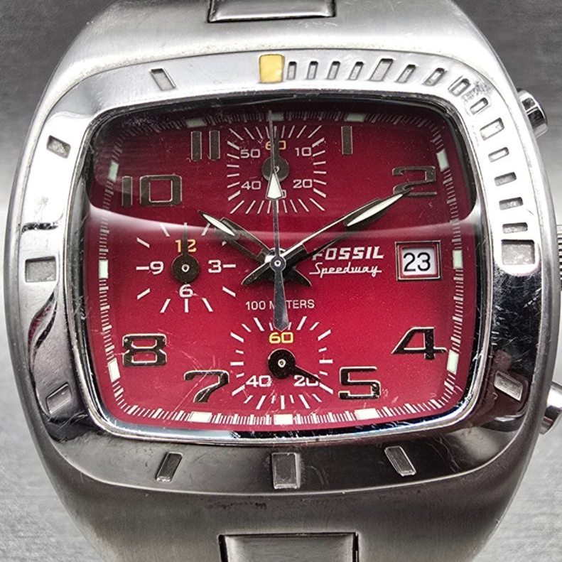 Fossil Speedway Chronograph Watch Men 40mm Red Dial Silver Date CH2326 New Batt1