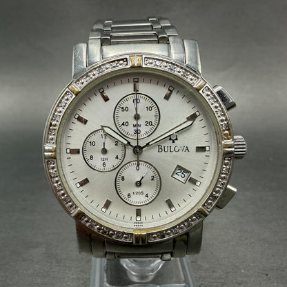 Bulova Watch Men 39mm Silver Dial Steel Daydate Round Diamond 96E03 New Batttery0
