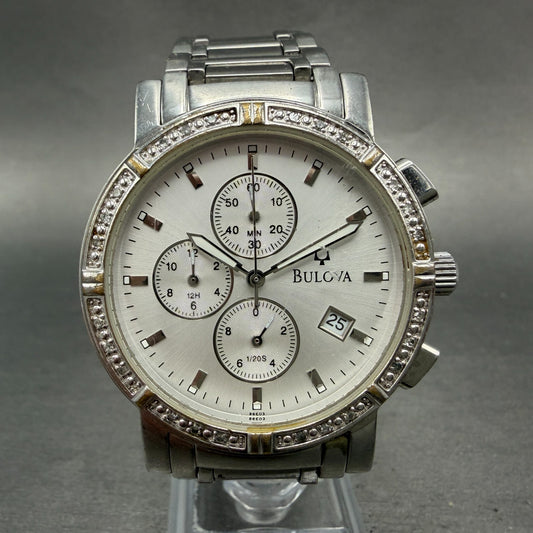 Bulova Watch Men 39mm Silver Dial Steel Daydate Round Diamond 96E03 New Batttery0