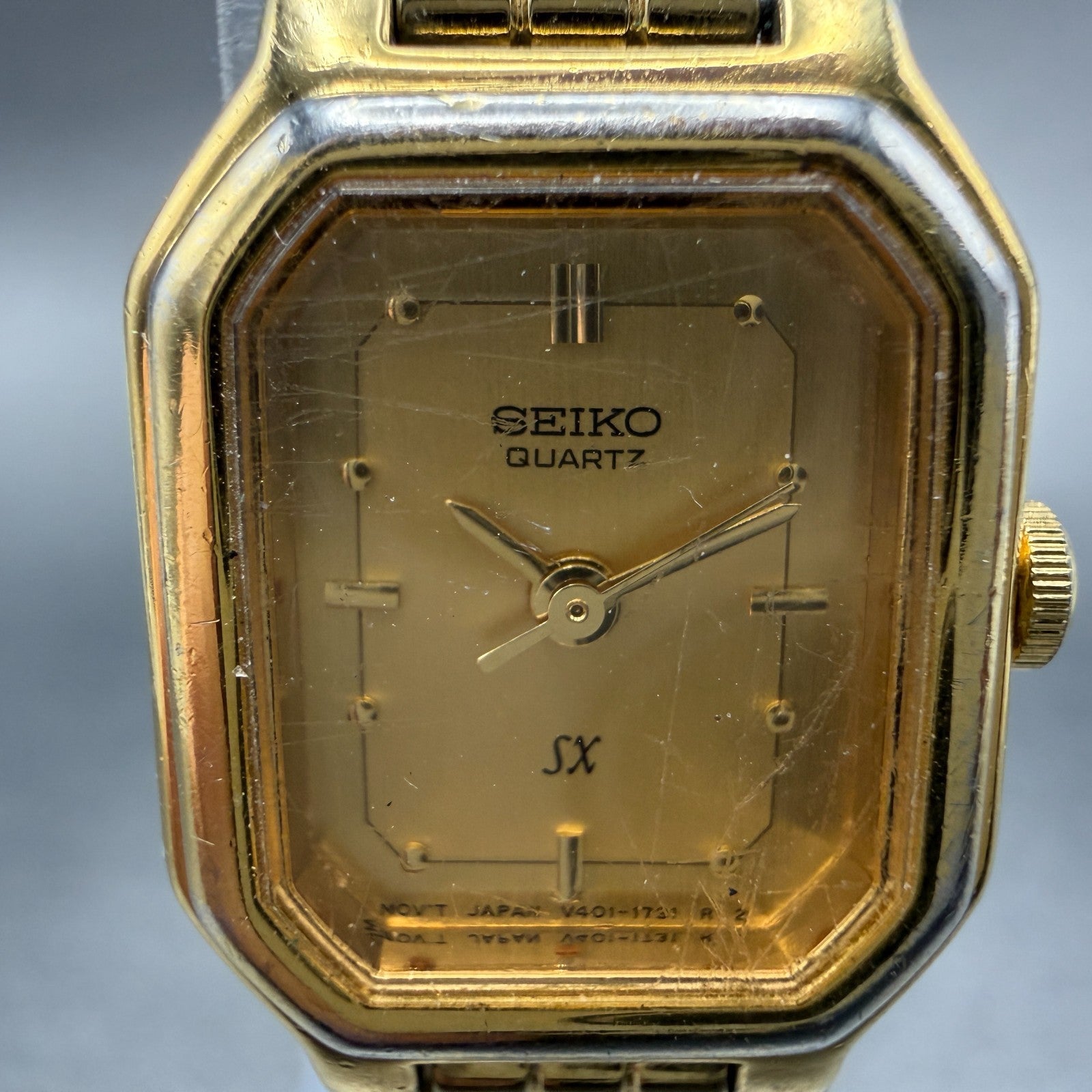 Seiko SX Watch Women 17mm Gold Dial Gold Tone Octagon V401-5251 New Battery1