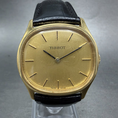 Tissot Watch Men 34mm Gold Dial Gold Plated Oval Manual Wind Runs Vintage0