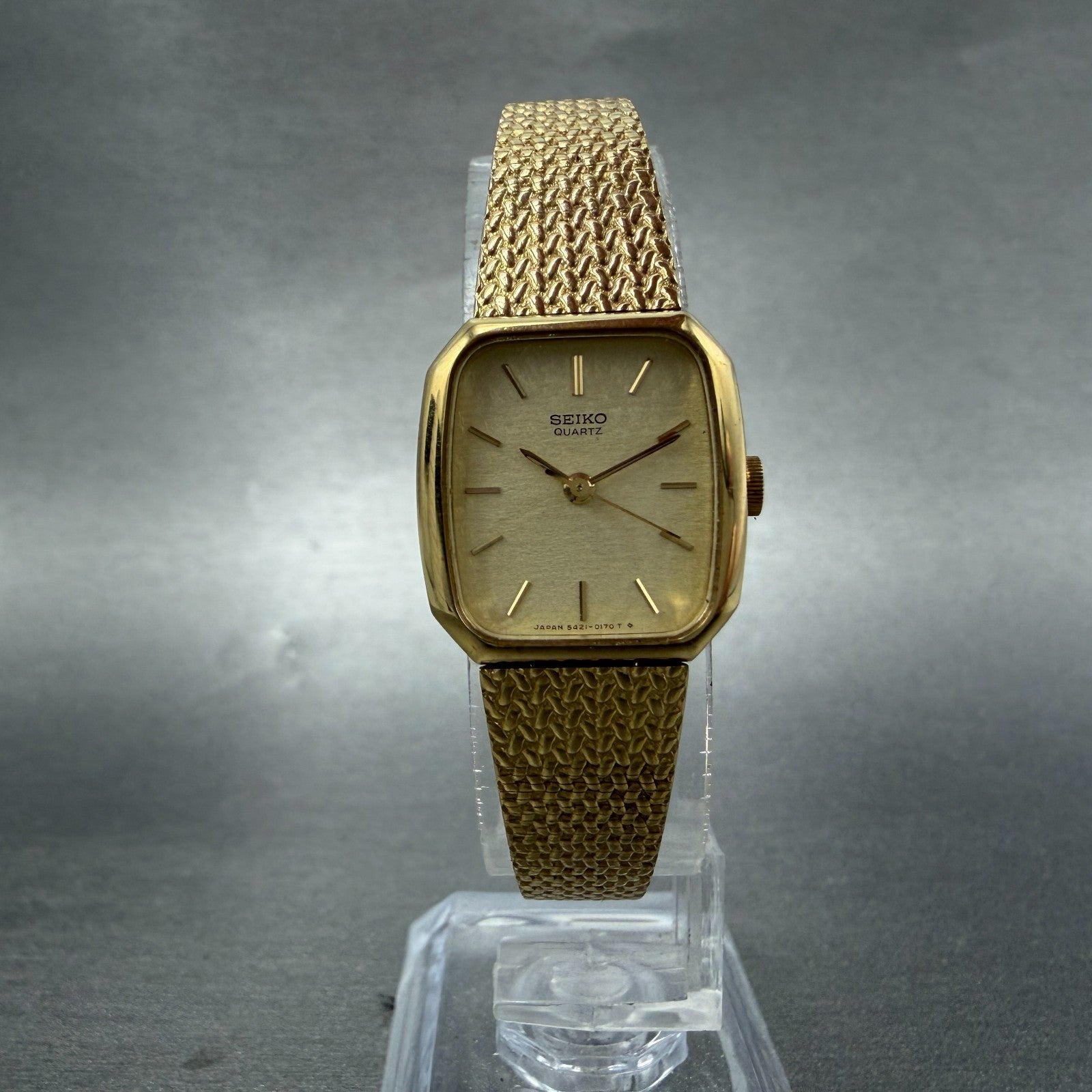 Seiko Watch Women 19mm Champagne Dial Gold Tone Rectangle 5421-5060 New Batt H9S5