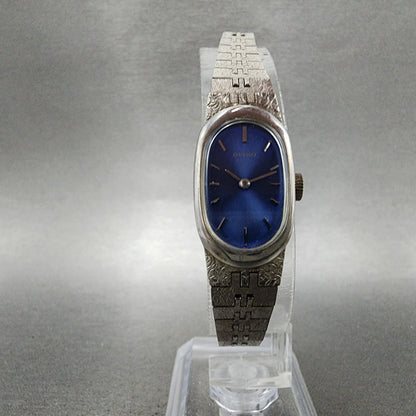 Seiko Watch Women 16mm Blue Dial Silver Tone Oval Manual Wind 118309 Runs VTG5