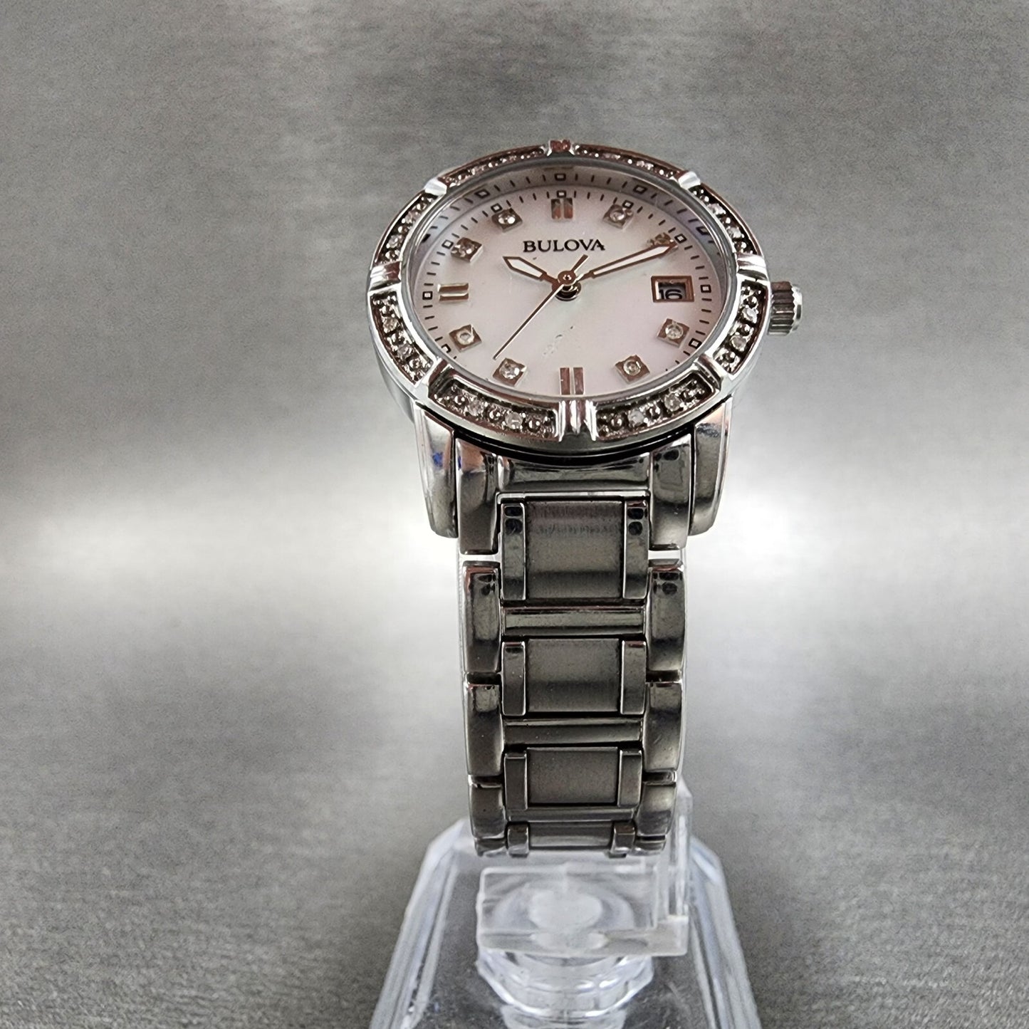 Bulova Watch Women 26mm MOP Dial Steel Diamond Bezel Date Round 96R105 NewBat5