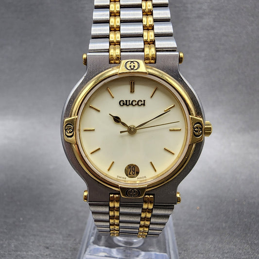 Gucci 9000M Watch Men 32mm Cream Dial Two Tone Date Round Bracelet New Battery0