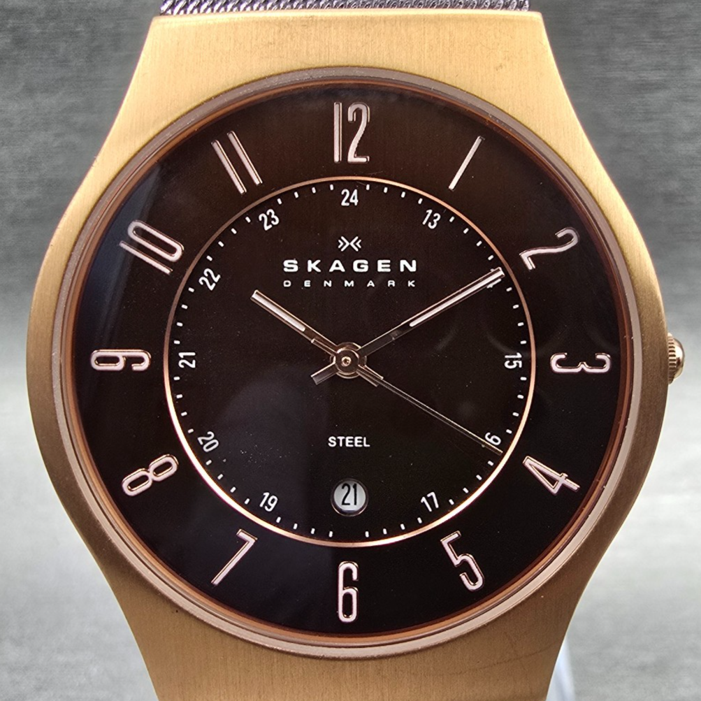 Skagen Watch Men 36mm Brown Dial Rose Gold Case Date Round 233XLRDD New Battery1