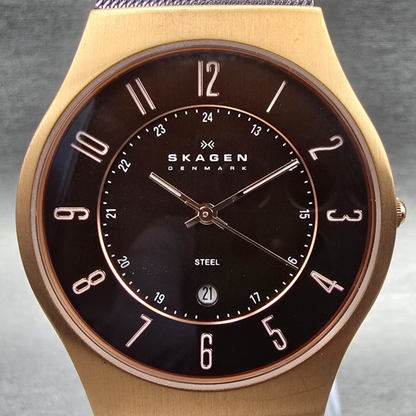 Skagen Watch Men 36mm Brown Dial Rose Gold Case Date Round 233XLRDD New Battery1