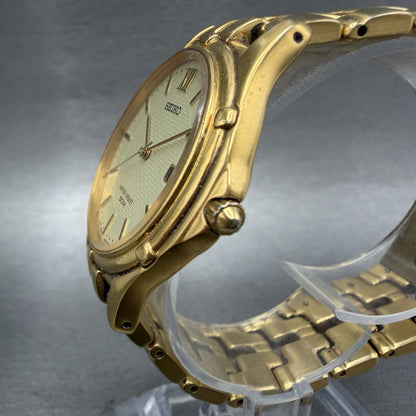 Seiko Watch Men 36mm Champagne Dial Gold Tone Date Round 7N32-0049 New Battery V2