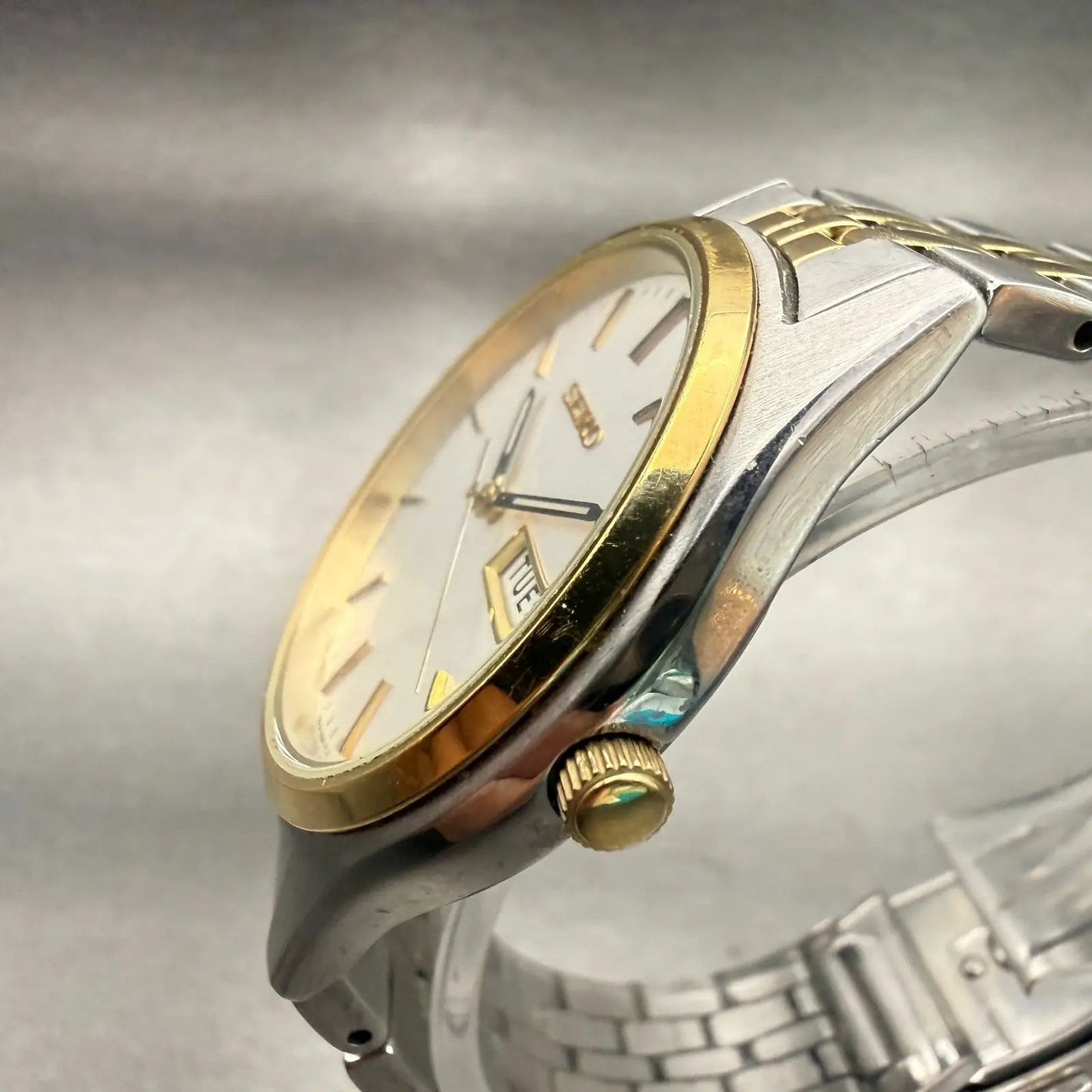 Seiko Watch Men 37mm Silver Dial Two Tone Daydate Round 7N43-9048 New Battery2