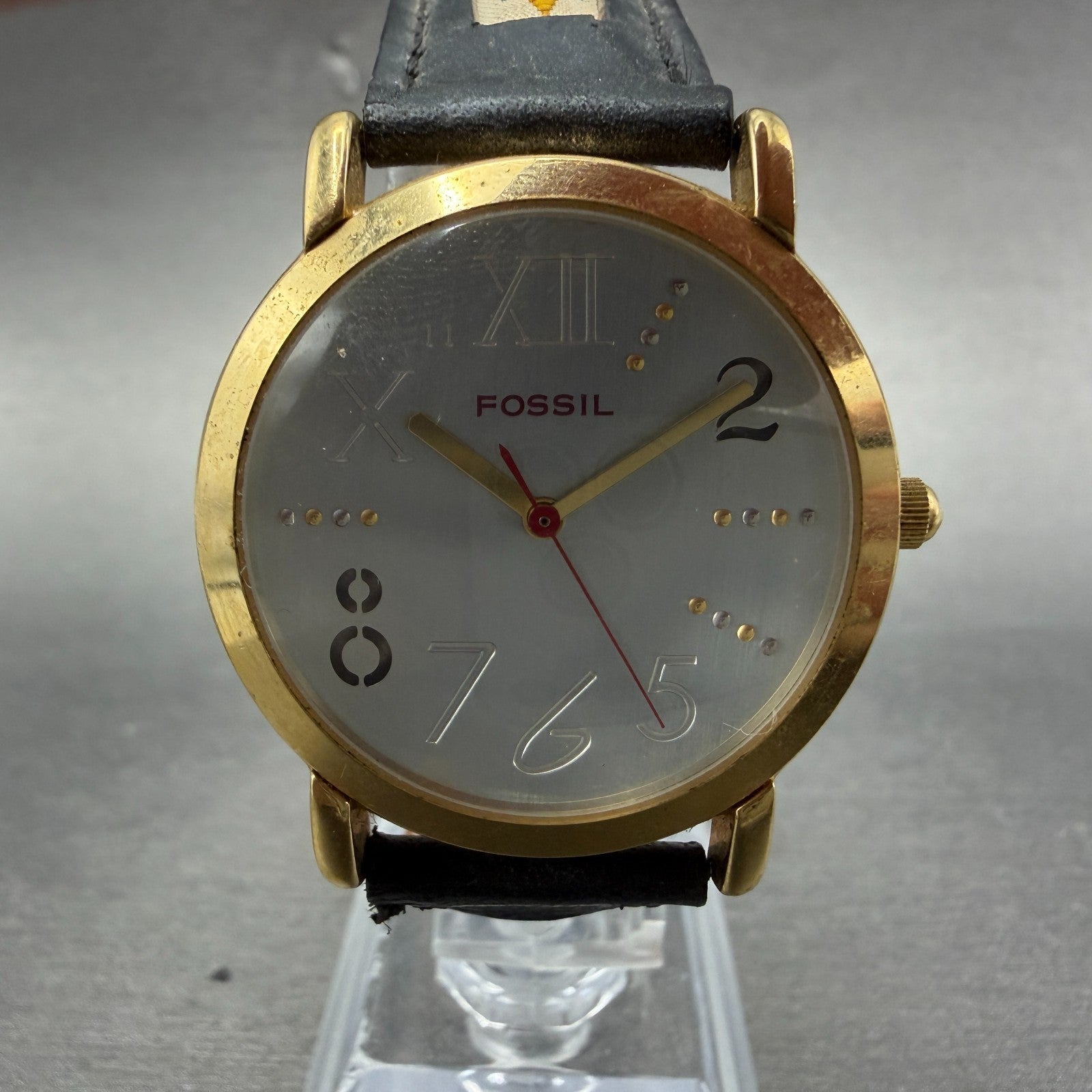 Fossil Watch Men 34mm Silver Dial Gold Tone Round JR-7504 Leather New Battery0