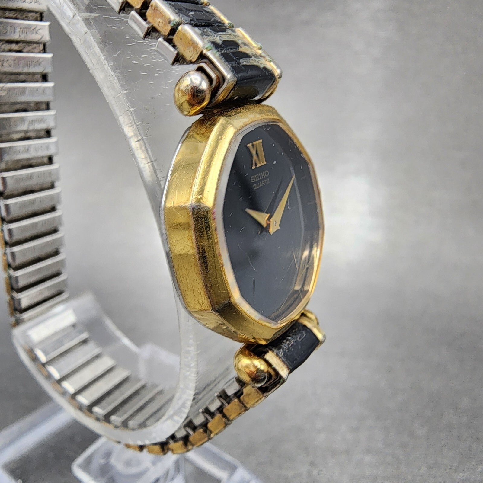 VTG Seiko Watch Women 17mm Black Dial Gold Tone Octagon 14005269 New Battery3