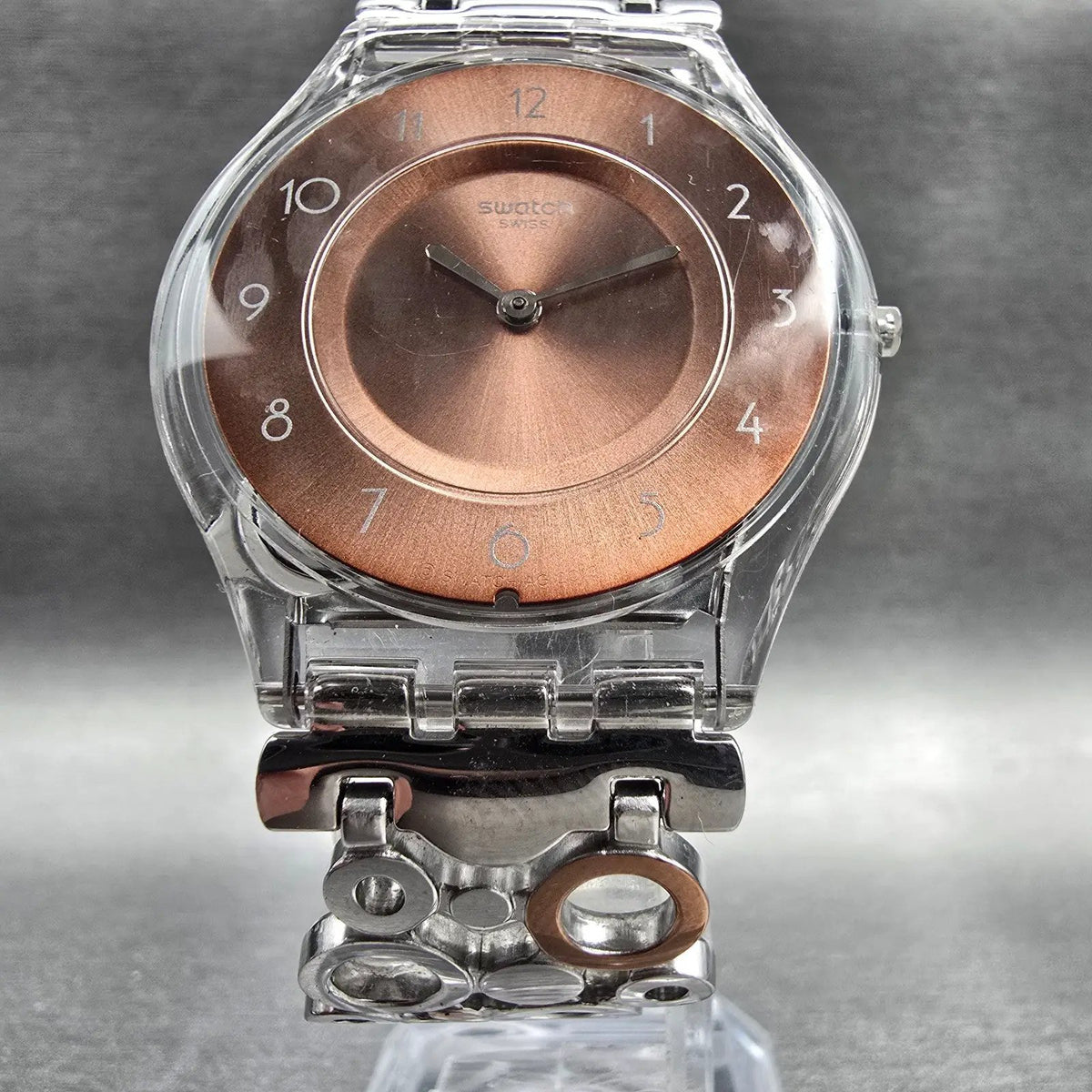 Swatch Skin PINK CUSHION Watch Women 34mm Rose Gold Dial Clear SFE110GA New Batt5