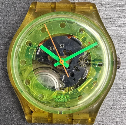Swatch Bermudas Watch Men 34mm Green Dial Clear Case Round GK133 New Battery1