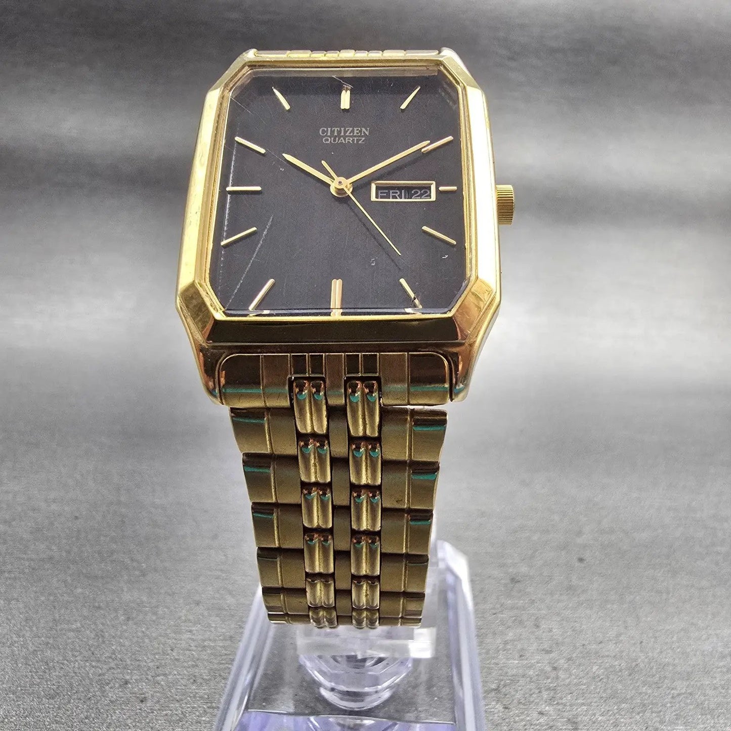 Citizen Watch Men 27mm Black Dial Gold Tone Daydate 6000-S36726 New Battery VTG5