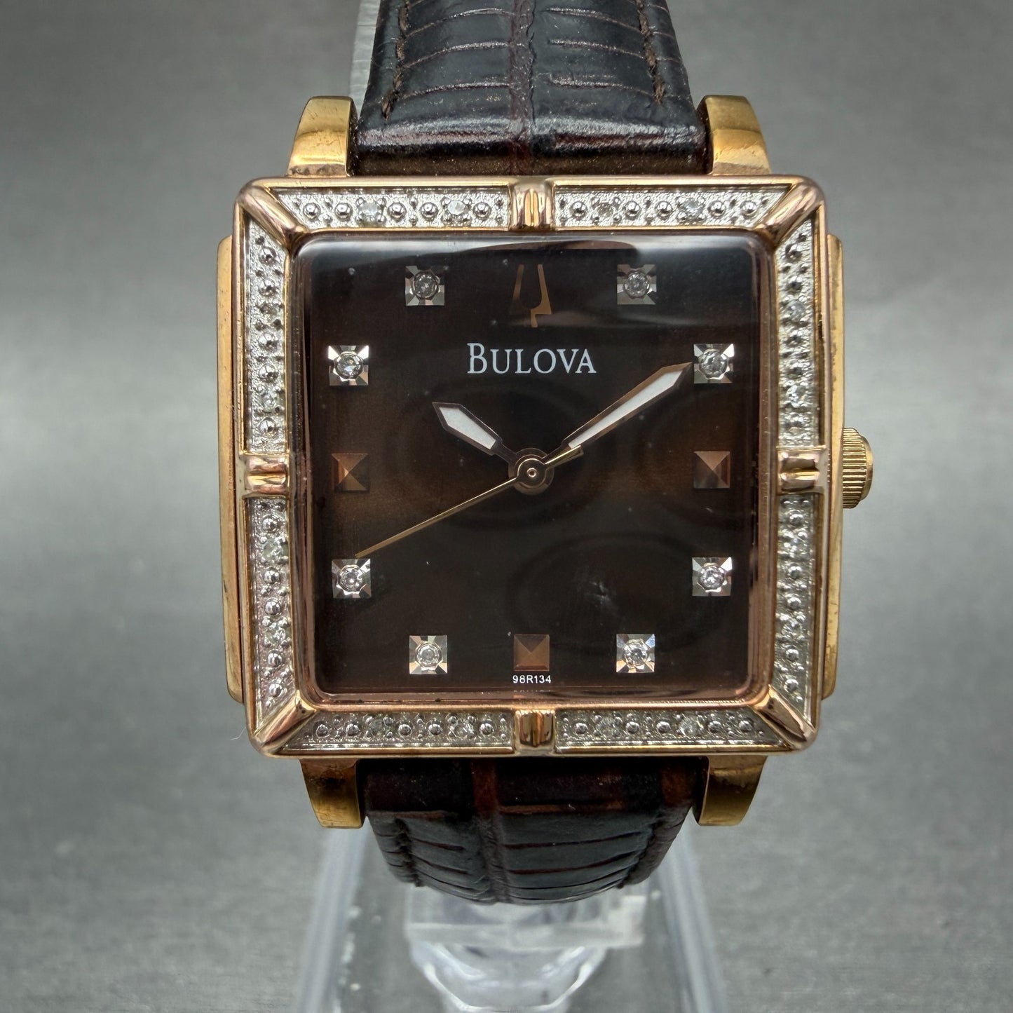 Bulova Watch Women 26mm Brown Dial Rose Gold Tone Rectangle 98R134 New Battery0