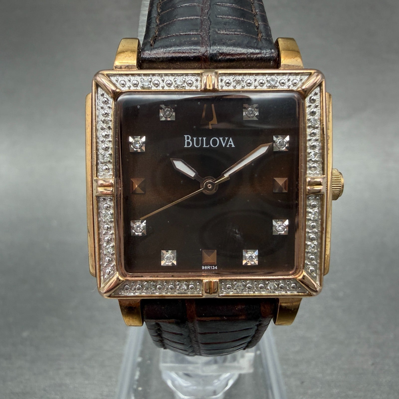 Bulova Watch Women 26mm Brown Dial Rose Gold Tone Rectangle 98R134 New Battery0