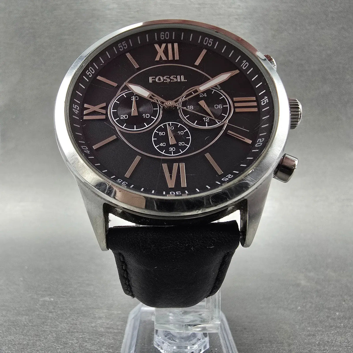 Fossil Flynn Chronograph Watch Men 48mm Black Dial Steel Round BQ-1130 New Batt5
