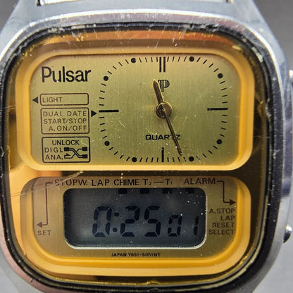 Pulsar Analog Digital Watch Men 33mm Gold Dial Two Tone Alarm Chronograph NewBat1