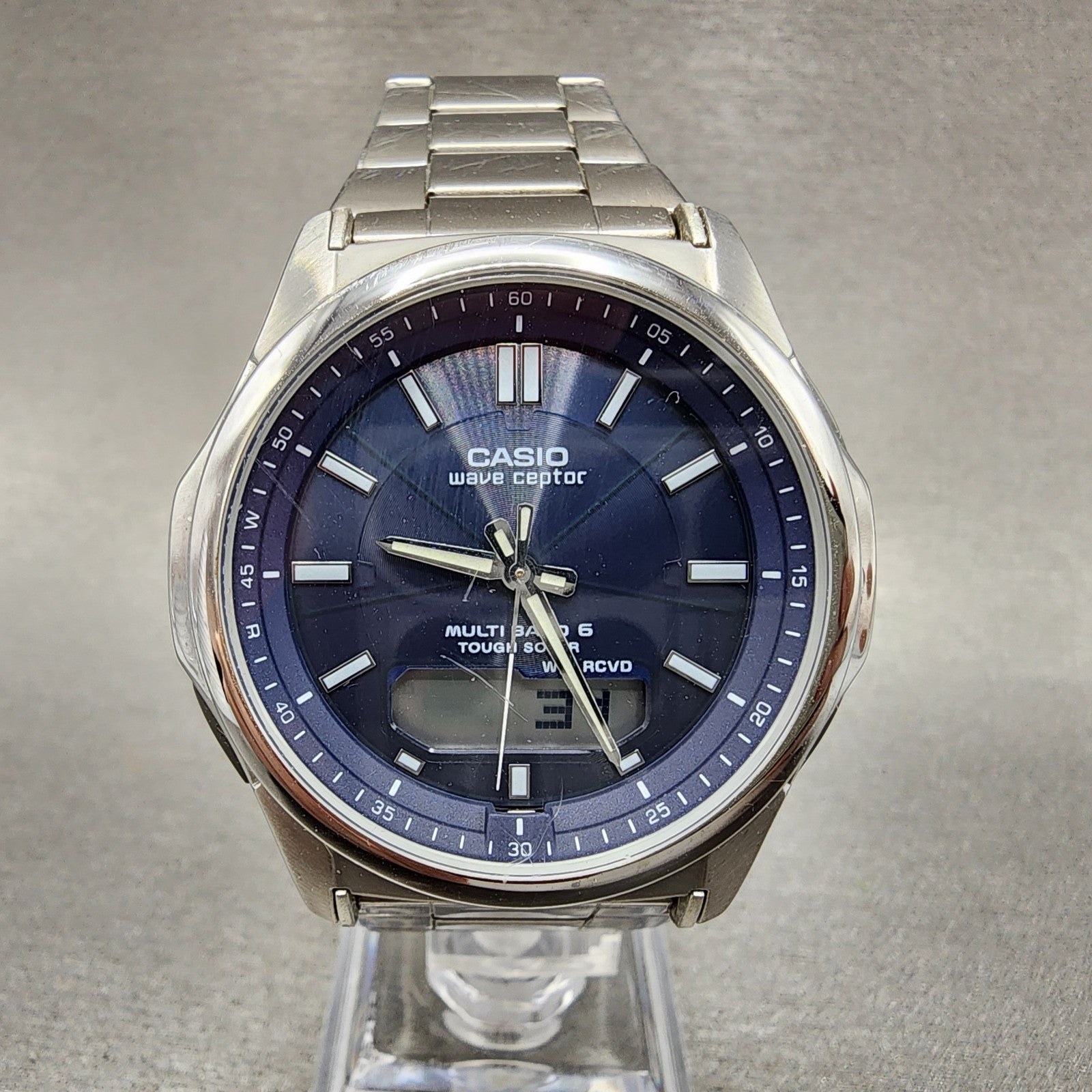 Casio Wave Ceptor Watch Men 42mm Blue Dial Steel Analog Digital Solar Runs2