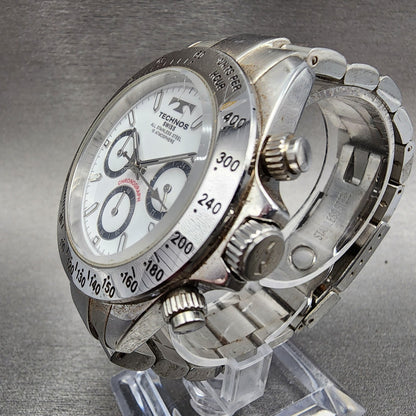 Technos Chronograph Watch Men 39mm White Dial Steel Round TGM615 New Battery
