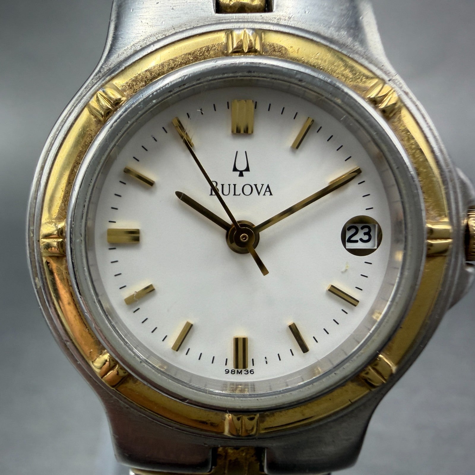 Bulova Watch Women 25mm White Dial Two Tone Date Round 98M36 New Battery KJF1231