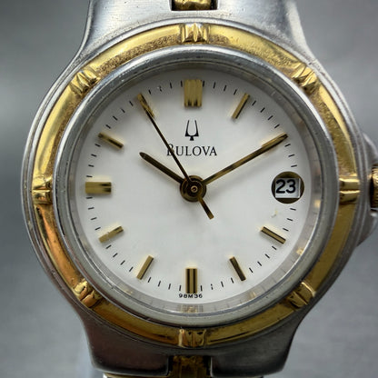 Bulova Watch Women 25mm White Dial Two Tone Date Round 98M36 New Battery KJF1231